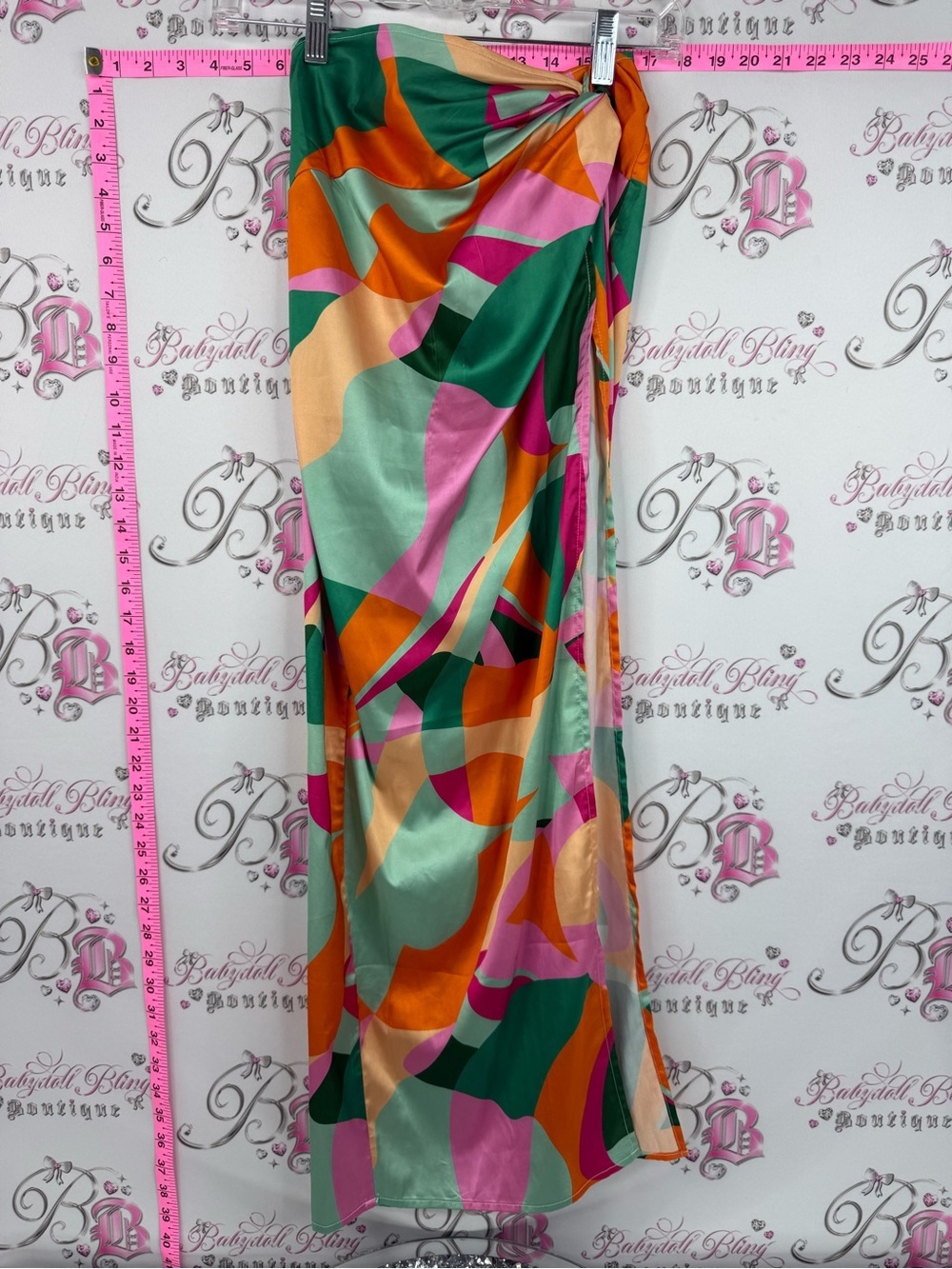 RNWY skirt side slit bright Abstract Print Maxi Skirt — Green, Pink & Orange
